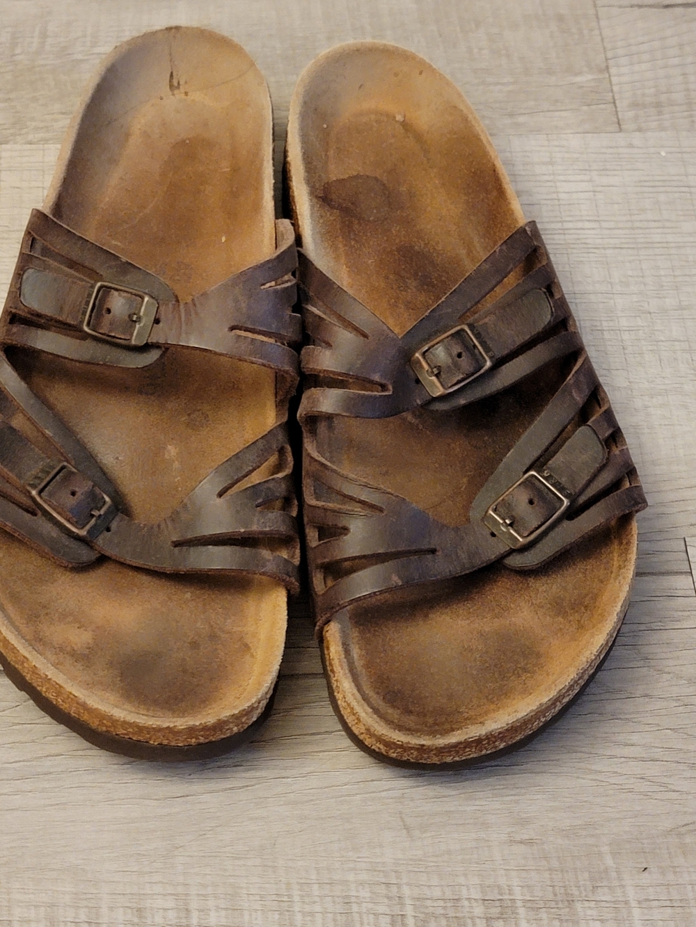 Birkenstock Brown Leather Buckle Slide Sandals